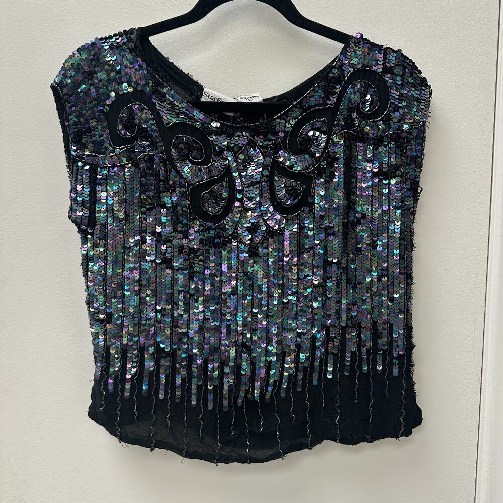 Vintage Silk Sequin Boxy Fit Sparkly Black Grey Blue Top S